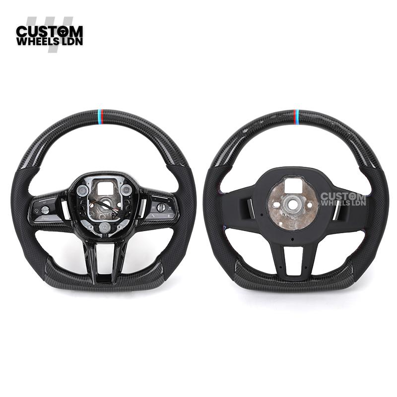 BMW Custom i5 G60 Flat Bottom Steering Wheel – Carbon Fiber, BMW M Stripe, Black Trim, Perforated Leather Grips | Fits G20 3 Series, G22 4 Series, G30 5 Series + more | Plug & Play | Retrofit Upgrade for Older Models