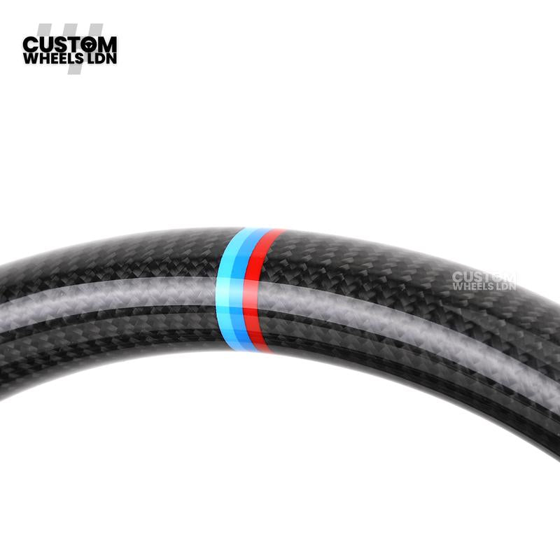 BMW Custom i5 G60 Flat Bottom Steering Wheel – Carbon Fiber, BMW M Stripe, Silver Trim, Perforated Leather Grips | Fits G20 3 Series, G22 4 Series, G30 5 Series + more | Plug & Play | Retrofit Upgrade for Older Models