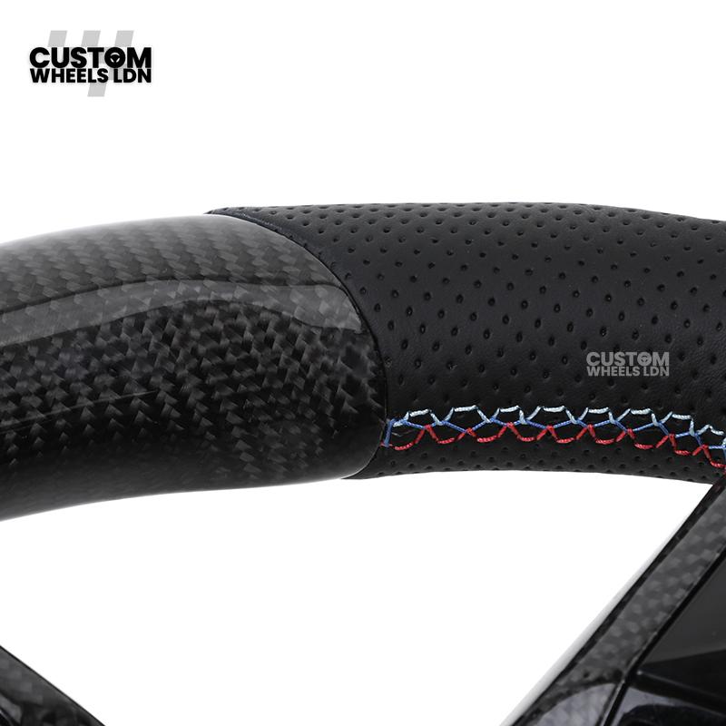 BMW Custom i5 G60 Flat Bottom Steering Wheel – Carbon Fiber, BMW M Stripe, Black Trim, Perforated Leather Grips | Fits G20 3 Series, G22 4 Series, G30 5 Series + more | Plug & Play | Retrofit Upgrade for Older Models