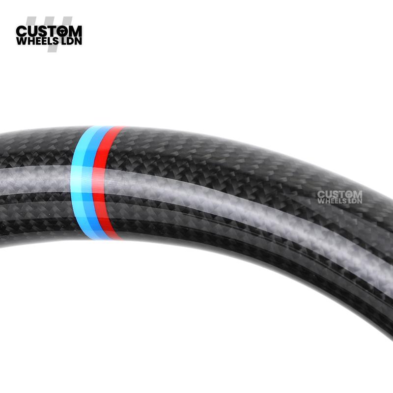 BMW Custom i5 G60 Flat Bottom Steering Wheel – Carbon Fiber, BMW M Stripe, Black Trim, Perforated Leather Grips | Fits G20 3 Series, G22 4 Series, G30 5 Series + more | Plug & Play | Retrofit Upgrade for Older Models