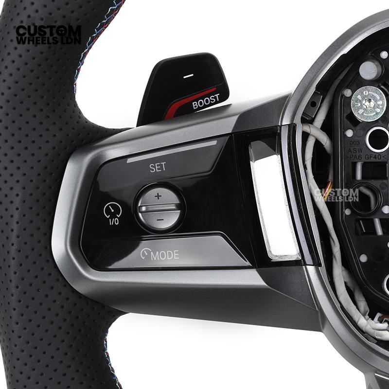 BMW Custom i5 G60 Flat Bottom Steering Wheel – Carbon Fiber, BMW M Stripe, Silver Trim, Perforated Leather Grips | Fits G20 3 Series, G22 4 Series, G30 5 Series + more | Plug & Play | Retrofit Upgrade for Older Models