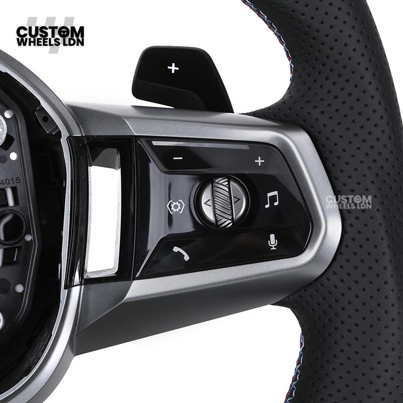 BMW Custom i5 G60 Flat Bottom Steering Wheel – Carbon Fiber, BMW M Stripe, Silver Trim, Perforated Leather Grips | Fits G20 3 Series, G22 4 Series, G30 5 Series + more | Plug & Play | Retrofit Upgrade for Older Models