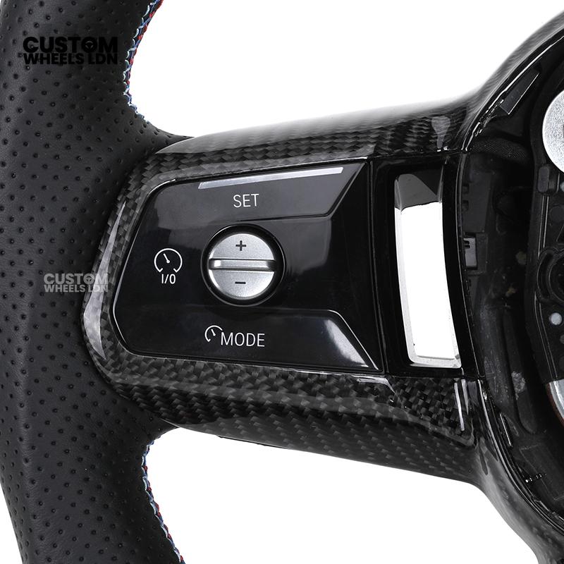 BMW Custom i5 G60 Flat Bottom Steering Wheel – Carbon Fiber, BMW M Stripe, Black Trim, Perforated Leather Grips | Fits G20 3 Series, G22 4 Series, G30 5 Series + more | Plug & Play | Retrofit Upgrade for Older Models