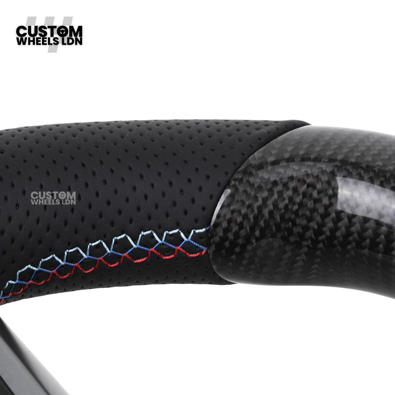 BMW Custom i5 G60 Flat Bottom Steering Wheel – Carbon Fiber, BMW M Stripe, Silver Trim, Perforated Leather Grips | Fits G20 3 Series, G22 4 Series, G30 5 Series + more | Plug & Play | Retrofit Upgrade for Older Models