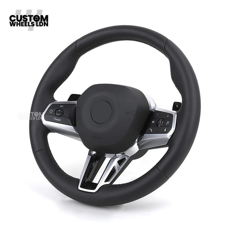 BMW i5 G60 2023 Steering Wheel – Smooth Black Leather, Silver Trim, Touch-Style Controls | Fits G60 5 Series, G70 7 Series, i5 + more | Plug & Play | Retrofit Upgrade for Older Models