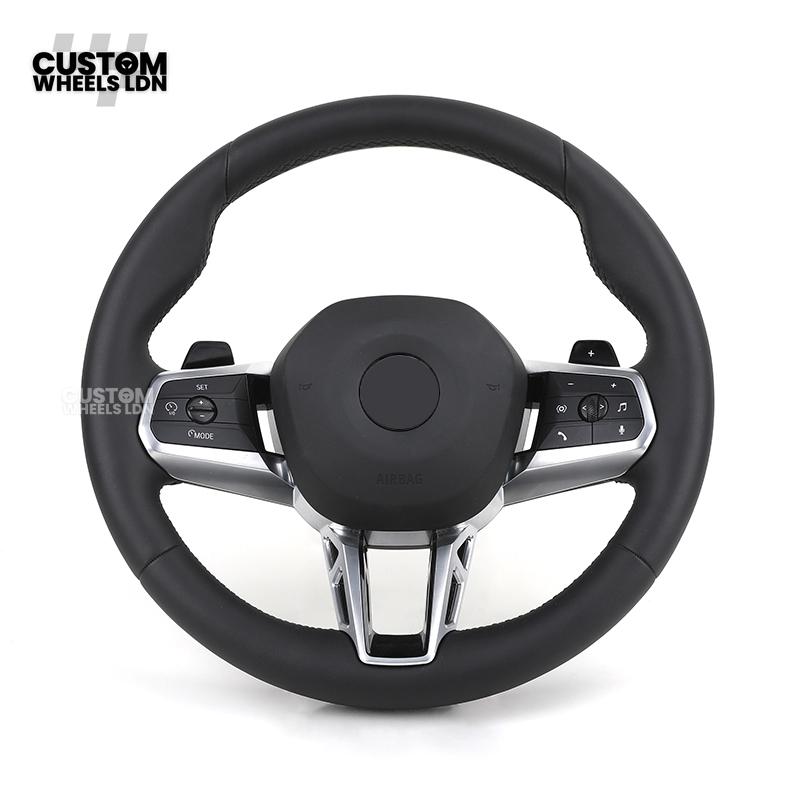 BMW i5 G60 2023 Steering Wheel – Smooth Black Leather, Silver Trim, Touch-Style Controls | Fits G60 5 Series, G70 7 Series, i5 + more | Plug & Play | Retrofit Upgrade for Older Models