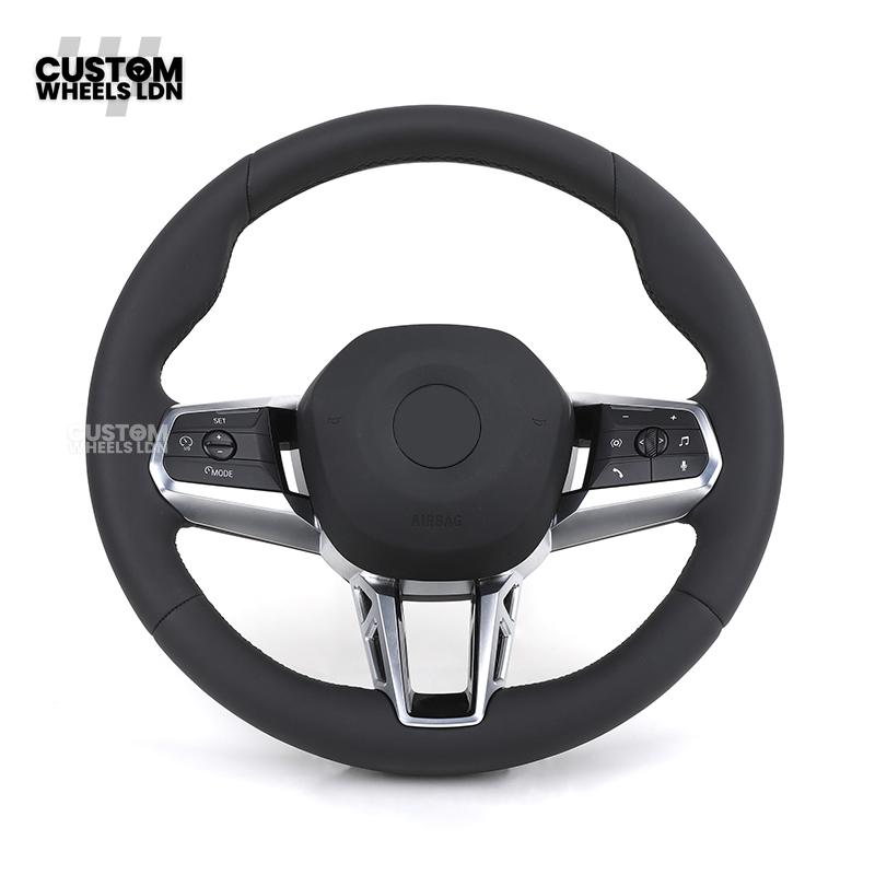BMW i5 G60 2023 Steering Wheel – Smooth Black Leather, Silver Trim, Touch-Style Controls | Fits G60 5 Series, G70 7 Series, i5 + more | Plug & Play | Retrofit Upgrade for Older Models