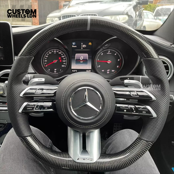 Mercedes Custom W223 AMG Flat Bottom Steering Wheel – Carbon Top & Bottom, Perforated Leather Grip, Gloss Black Trim, Touch Control Buttons | Fits C63, E63, S63, GLE, GLS, S-Class W223 + more | Plug & Play | With Airbag | Retrofit Upgrade for Older Models
