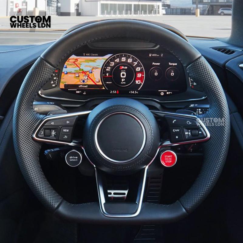 Audi Custom R8-Style Flat Bottom Steering Wheel – Black Leather, Gloss Black Paddles, Start Button, Retrofit Wiring Kit Included | Fits A4, A5, S5, A6, A7, Q5, SQ5 + more | Plug & Play | With Airbag | Upgrade for Older Models Available