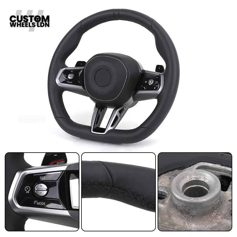 BMW i5 G60 2023 Steering Wheel – Smooth Black Leather, Silver Trim, Touch-Style Controls | Fits G60 5 Series, G70 7 Series, i5 + more | Plug & Play | Retrofit Upgrade for Older Models