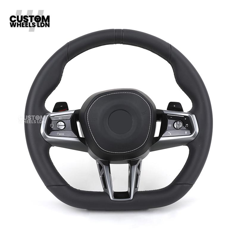 BMW i5 G60 2023 Steering Wheel – Smooth Black Leather, Silver Trim, Touch-Style Controls | Fits G60 5 Series, G70 7 Series, i5 + more | Plug & Play | Retrofit Upgrade for Older Models