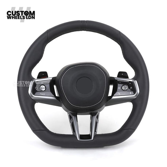 BMW i5 G60 2023 Steering Wheel – Smooth Black Leather, Silver Trim, Touch-Style Controls | Fits G60 5 Series, G70 7 Series, i5 + more | Plug & Play | Retrofit Upgrade for Older Models