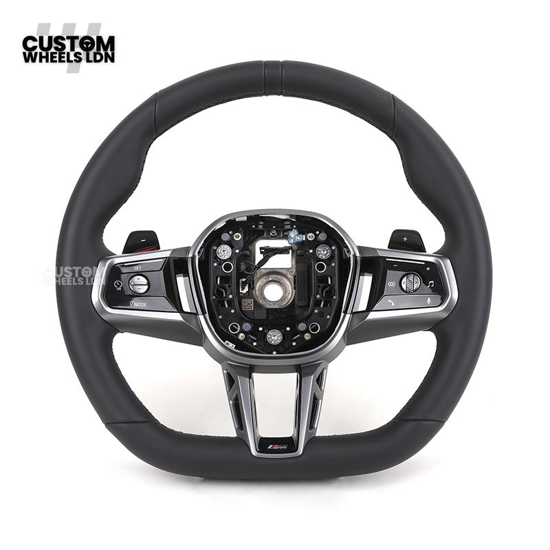 BMW i5 G60 2023 Steering Wheel – Smooth Black Leather, Silver Trim, Touch-Style Controls | Fits G60 5 Series, G70 7 Series, i5 + more | Plug & Play | Retrofit Upgrade for Older Models