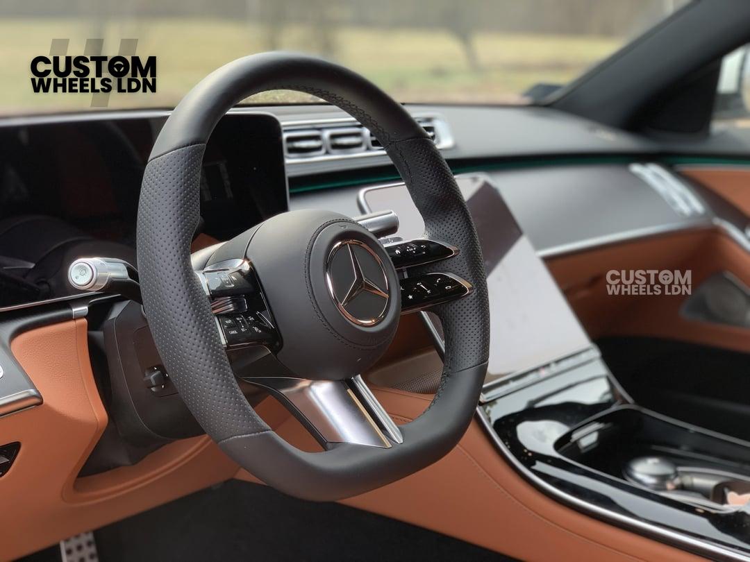 Mercedes Custom W223 Flat Bottom Steering Wheel – Black Leather, Tan Stitching, Silver Trim, Touch Control Buttons | Fits S-Class W223, GLE, GLS, E-Class W213 Facelift + more | Plug & Play | With Airbag | Retrofit Upgrade for Older Models Available