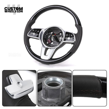 Mercedes Custom Steering Wheel | Silver AMG Dual-Spoke Style | Black Leather Grip | Fits W205 W213 W222 + more | Retrofit Option Available