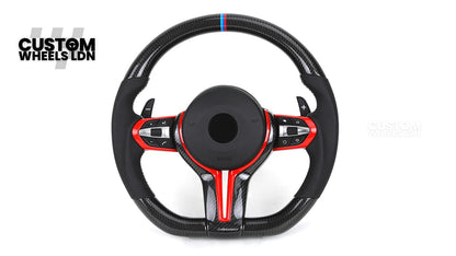BMW Custom Carbon Fibre Steering Wheel – Red Trim | Perforated Leather | M Stripe | Plug & Play | Fits 1 Series F20, 2 Series F22, 3 Series F30, 4 Series F32, M2, M3, M4, X1 F48, X2 F39, Z4 G29 + more
