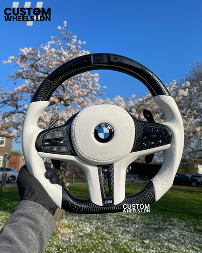 BMW Custom Steering Wheel for F and G | In Stock | – Carbon Fiber & White Leather Fully Loaded with M1/M2 Option