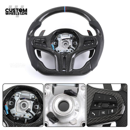 BMW G-Series Custom Carbon Flat Bottom Steering Wheel – Gloss Carbon Fiber with Paddle Shifters – Fits G20 G21 G22 G23 G30 G31 G11 G12 G14 G15 G16 G05 G06 G07 + more