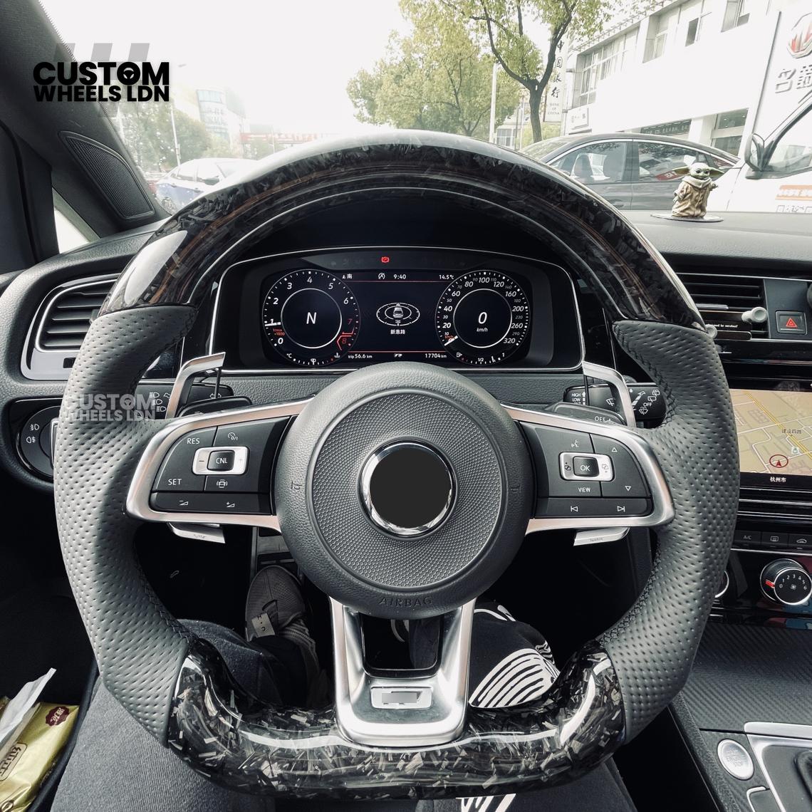 Volkswagen MK7 Custom Steering Wheel – Forged Carbon with Blue Centre Stripe & Perforated Leather Grips | Fits Golf GTI, R, Scirocco + more | Plug & Play Upgrade