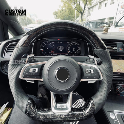 Volkswagen MK7 Custom Steering Wheel – Forged Carbon with Blue Centre Stripe & Perforated Leather Grips | Fits Golf GTI, R, Scirocco + more | Plug & Play Upgrade