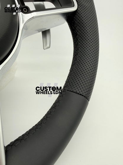 Porsche Custom OEM Steering Wheel – Smooth & Perforated Leather, Silver Trims, OEM Paddles | Fits 991, 997, 987, Cayman, Boxster, Macan, Cayenne + more | Plug & Play | With Airbag | Upgrade for Older Models Available