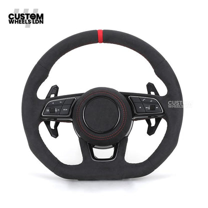 Audi Custom B9 Flat Bottom Steering Wheel – Alcantara Grip, Red Stitching, Red Centre Stripe, Black Paddles, RS3 Badge | Fits A3, S3, RS3, A4, S4, A5, S5, Q5, SQ5 + more | Plug & Play | With Airbag | Upgrade for Older Models Available