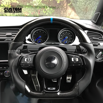 Volkswagen MK7 Custom Steering Wheel – Blue Center Stripe | Carbon Fibre & Leather | Plug & Play | Complete Steering Wheel | Fits Golf MK7 / MK6 GTI, R + more