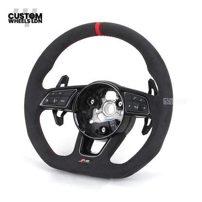 Audi Custom B9 Flat Bottom Steering Wheel – Alcantara Grip, Red Stitching, Red Centre Stripe, Black Paddles, RS3 Badge | Fits A3, S3, RS3, A4, S4, A5, S5, Q5, SQ5 + more | Plug & Play | With Airbag | Upgrade for Older Models Available