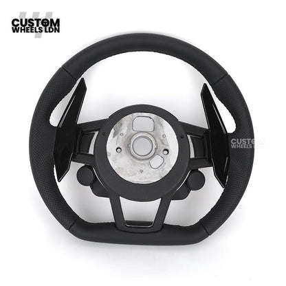 Audi Custom R8-Style Flat Bottom Steering Wheel – Black Leather, Gloss Black Paddles, Start Button, Retrofit Wiring Kit Included | Fits A4, A5, S5, A6, A7, Q5, SQ5 + more | Plug & Play | With Airbag | Upgrade for Older Models Available