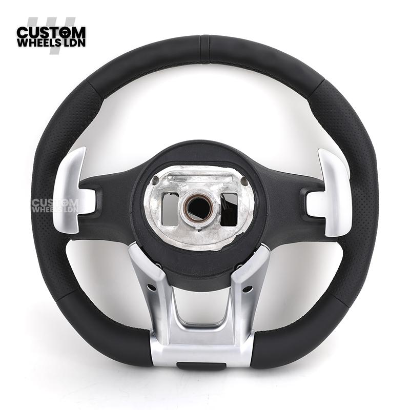 Mercedes Custom AMG Flat Bottom Steering Wheel – Full Black Leather, Black Stripe, Silver Trim, Touch Control Buttons, Silver Paddles, AMG Badge | Fits C-Class, E-Class, CLS, GLC, GLE, G-Class + more | Plug & Play | Retrofit Upgrade for Older Models
