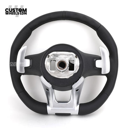 Mercedes Custom AMG Flat Bottom Steering Wheel – Full Black Leather, Black Stripe, Silver Trim, Touch Control Buttons, Silver Paddles, AMG Badge | Fits C-Class, E-Class, CLS, GLC, GLE, G-Class + more | Plug & Play | Retrofit Upgrade for Older Models