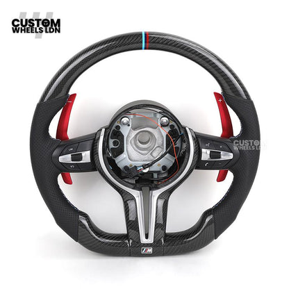 BMW Custom Carbon Fibre Steering Wheel – Red Paddles | Perforated Leather | M-Stripe Marker | Plug & Play | Fits 1 Series F20, 2 Series F22, 3 Series F30, 4 Series F32, M2, M3, M4, X1 F48, X2 F39, Z4 G29 + more