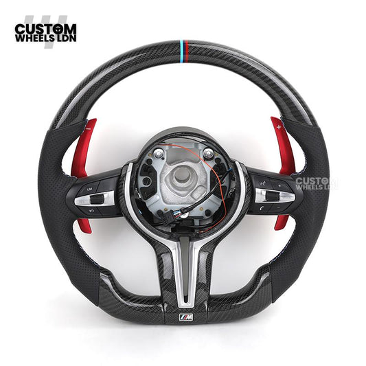BMW Custom Carbon Fibre Steering Wheel – Red Paddles | Perforated Leather | M-Stripe Marker | Plug & Play | Fits 1 Series F20, 2 Series F22, 3 Series F30, 4 Series F32, M2, M3, M4, X1 F48, X2 F39, Z4 G29 + more