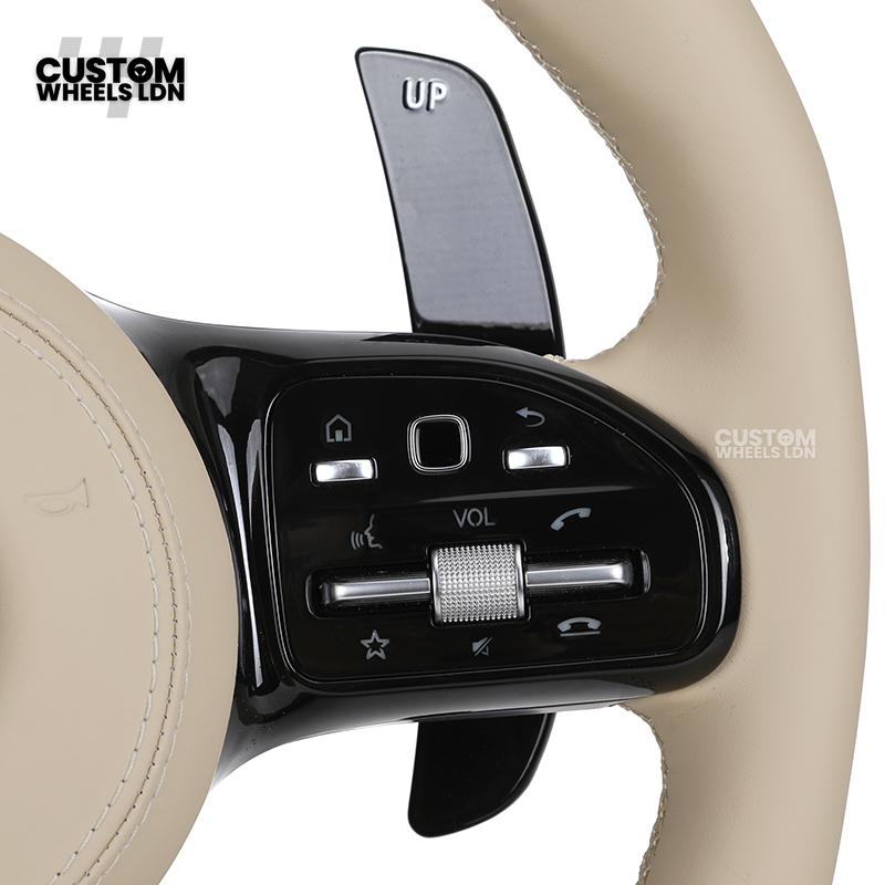 Mercedes Custom Steering Wheel | AMG Style Piano Black with Beige Leather & Stripe | Silver Paddles | Complete Retrofit for Older Models | Fits W205 W204 W212 W213 W218 W207 + more