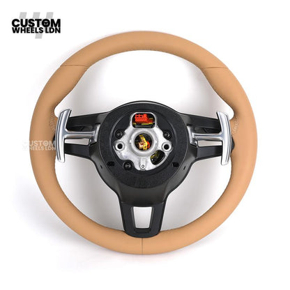 Porsche Custom Steering Wheel – Full Beige Leather with Black Trim | Fits 997, 991, Panamera, Cayenne (2000+ Plug & Play)