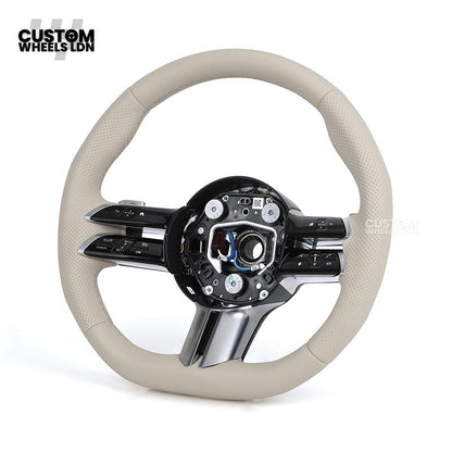 Mercedes Custom W223 Flat Bottom Steering Wheel – Beige Leather, Gloss Black Trim, Touch Control Buttons | Fits S-Class W223, GLE, GLS, E-Class W213 Facelift + more | Plug & Play | With Airbag | Retrofit Upgrade for Older Models Available