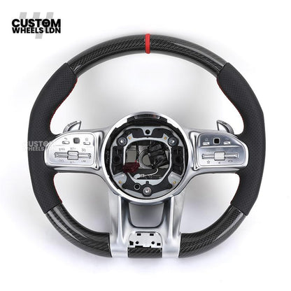 Mercedes Custom AMG Steering Wheel Carbon & Black Leather | Red Centre Stripe | AMG Style | Paddle Shifters | Complete Retrofit | Fits A-Class, C-Class, E-Class, GLC, CLA, W176, W205 + more