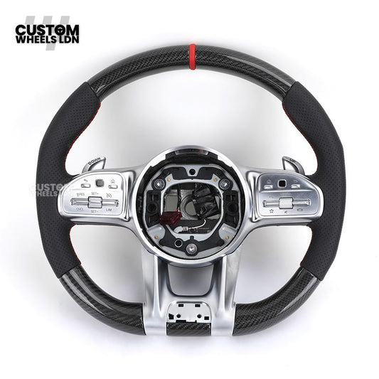 Mercedes Custom AMG Steering Wheel Carbon & Black Leather | Red Centre Stripe | AMG Style | Paddle Shifters | Complete Retrofit | Fits A-Class, C-Class, E-Class, GLC, CLA, W176, W205 + more