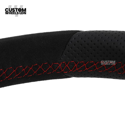 Volkswagen Custom Steering Wheel – Alcantara Top & Bottom, Perforated Leather Grips, Red Stripe, Flat Bottom, OEM Buttons | Fits Golf MK7/7.5, GTI, R, Polo + more | Plug & Play Upgrade