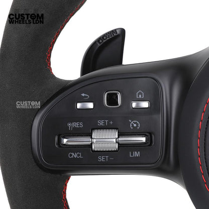 Mercedes Custom AMG Steering Wheel Flat Bottom Alcantara + Satin Carbon | Red Stitching & Marker | Complete Retrofit | Fits C-Class, E-Class, GLC, CLA, GLS, W205, W213, W222 + more