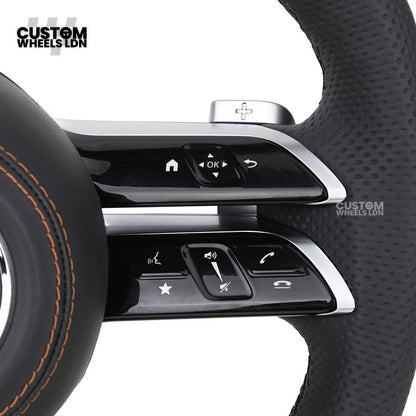 Mercedes Custom W223 Flat Bottom Steering Wheel – Black Leather, Tan Stitching, Silver Trim, Touch Control Buttons | Fits S-Class W223, GLE, GLS, E-Class W213 Facelift + more | Plug & Play | With Airbag | Retrofit Upgrade for Older Models Available