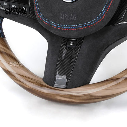 BMW Custom G-Series Steering Wheel – Gloss Wood Carbon, Flat Bottom, Alcantara Airbag – Fits G20 G21 G22 G30 G15 G05 G07 + more
