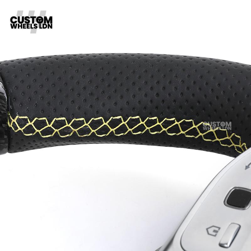 Mercedes Custom AMG Steering Wheel Carbon & Black Leather | Yellow Racing Stripe | AMG Style | Paddle Shifters | Complete Retrofit | Fits A-Class, C-Class, E-Class, GLC, CLA, W176, W205 + more