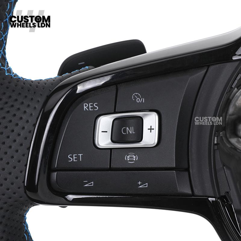 Volkswagen Custom Steering Wheel – Alcantara & Perforated Leather, Blue Centre Stripe, Flat Bottom, OEM Buttons | Fits Golf GTI, R, Polo, Passat + more | Plug & Play Retrofit Upgrade