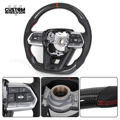 Toyota Custom GR Steering Wheel – Carbon Fiber, Flat Bottom, Red Center Stripe, Perforated Grips | Fits Yaris GR, Corolla GR + More | Plug & Play | Sporty Upgrade with Paddle Cutouts | Track-Inspired Retrofit