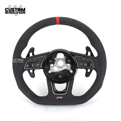 Audi Custom B9 Flat Bottom Steering Wheel – Alcantara Grip, Red Stitching, Red Centre Stripe, Black Paddles, RS3 Badge | Fits A3, S3, RS3, A4, S4, A5, S5, Q5, SQ5 + more | Plug & Play | With Airbag | Upgrade for Older Models Available