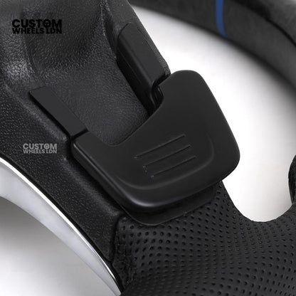 Volkswagen MK7 Custom Steering Wheel – Forged Carbon with Blue Centre Stripe & Perforated Leather Grips | Fits Golf GTI, R, Scirocco + more | Plug & Play Upgrade