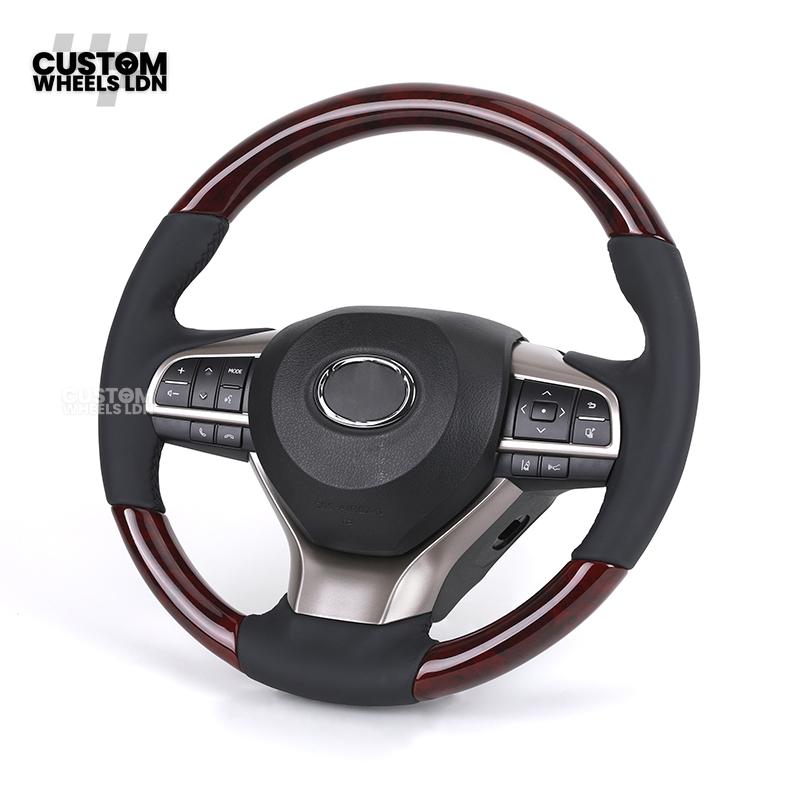 Toyota Custom Steering Wheel – Dark Cherry Wood Trim, Smooth Leather, OEM Controls | Fits Land Cruiser, Alphard, Camry + more | Plug & Play | Ideal Retrofit for a Luxury Finish