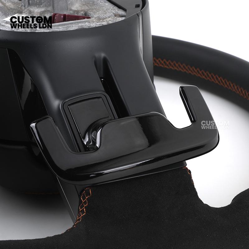Mercedes Custom W223 AMG Flat Bottom Steering Wheel – Black Leather & Alcantara, Tan Stitching, Gloss Black Trim, Black Badge, Touch Buttons | Fits GLE, GLS, G-Class, W223, S-Class + more | Plug & Play | With Airbag | Upgrade for older models available