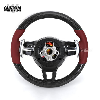 Porsche Custom Steering Wheel – Red Leather & Carbon Fibre with Chrome Trim | Fits 997, 991, Panamera, Cayenne, Cayman (2000+ Plug & Play)